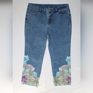 Soft Surroundings Nevaeh Floral  Beaded Cropped Denim Jeans Pants Womens Sz 10P